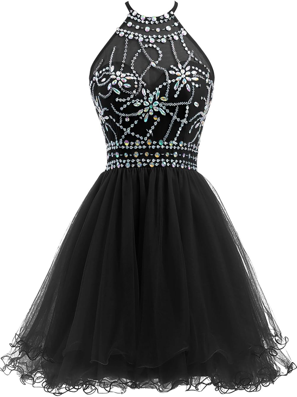 Ellames Women's Beaded Halter Homecoming Dress Short Tulle Prom Dress
