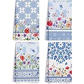 XFN 4Pcs Blue White Floral Kitchen Towels, Chinoiserie Watercolor Vibrant Wildflower & Geometric Patterns Hand Towels for Kitchen Home Decor, Absorbent Microfiber Dish Towel, Housewarming Gifts