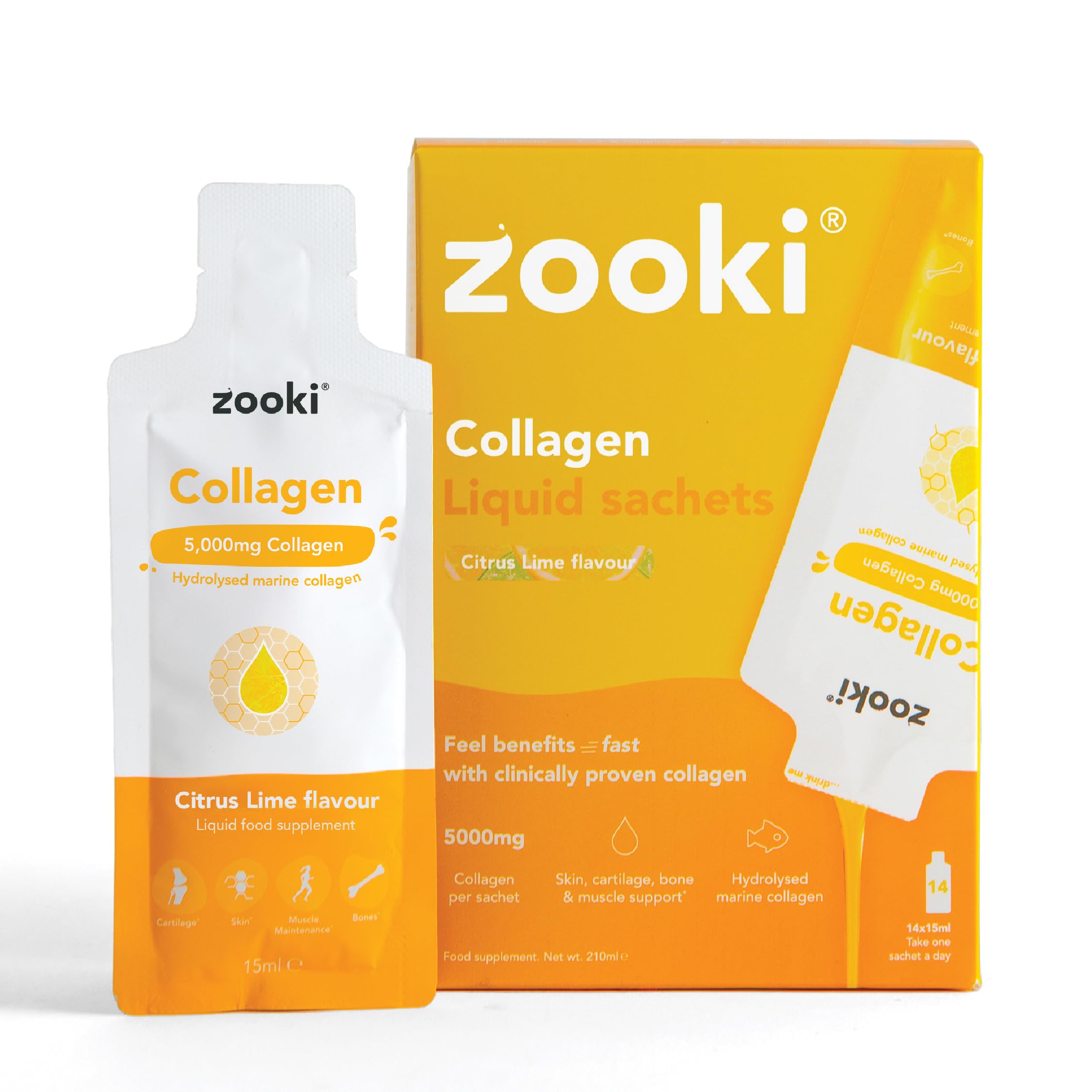 Zooki 5000mg Marine Collagen Liquid Sachets | Hydrolysed Marine Collagen Peptides | Support Skin, Hair, Nails, Joints, Bones & Muscles | (Citrus Lime Flavour, 14 Servings)