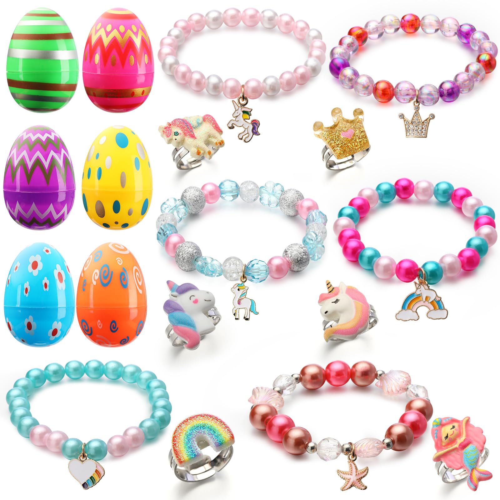 Easter Basket Stuffers for Kids Easter Eggs Fillers with 6 Pack of Beads Bracelet and Ring Inside Easter Basket Essentials for Girls Toys