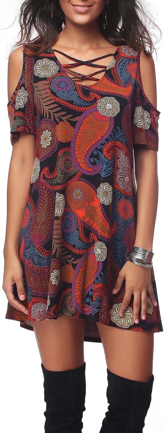 Women's Casual Short Sleeve Off Shoulder Cross V-Neck Loose Dress,Multicolor-1Blue,XL