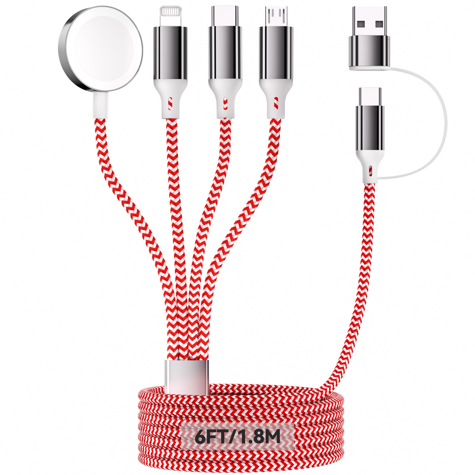 Photo 1 of 6FT/1.8M iWatch Charger, 4 in 2 USB A/C to iOS Port/Type C/Micro USB/iWatch Charger Nylon-Braided Multi Fast Charging Cable Compatible for iWatch Ultra/SE/1-10/iPhone/iPad/AirPods/Galaxy/Huawei
