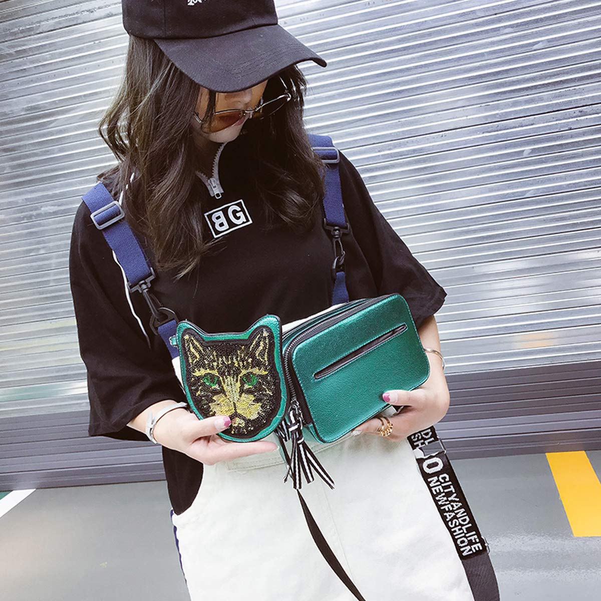 XMRS Cat Crossbody Bag for Women,Sequins PU Leather Shoulder Bag Medium Purse W / Wide Strap