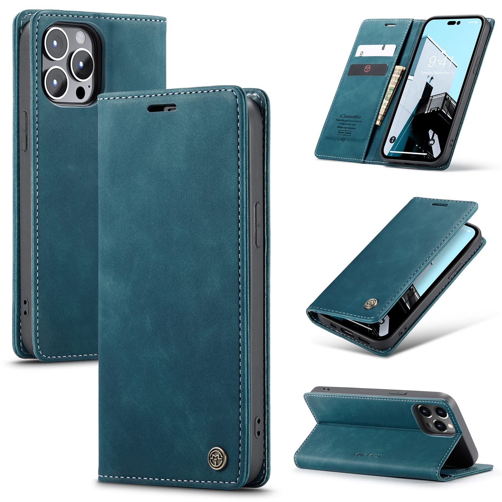 UFinetech Case for iPhone 14 Pro, Shockproof Anti-scratch Cover with iPhone 14 Pro (6.1”), Leather TPU Slim Soft Flip Folio Magnetic Closure Kickstand Card Holder Wallet 2-in-1 Camera Protector, Blue