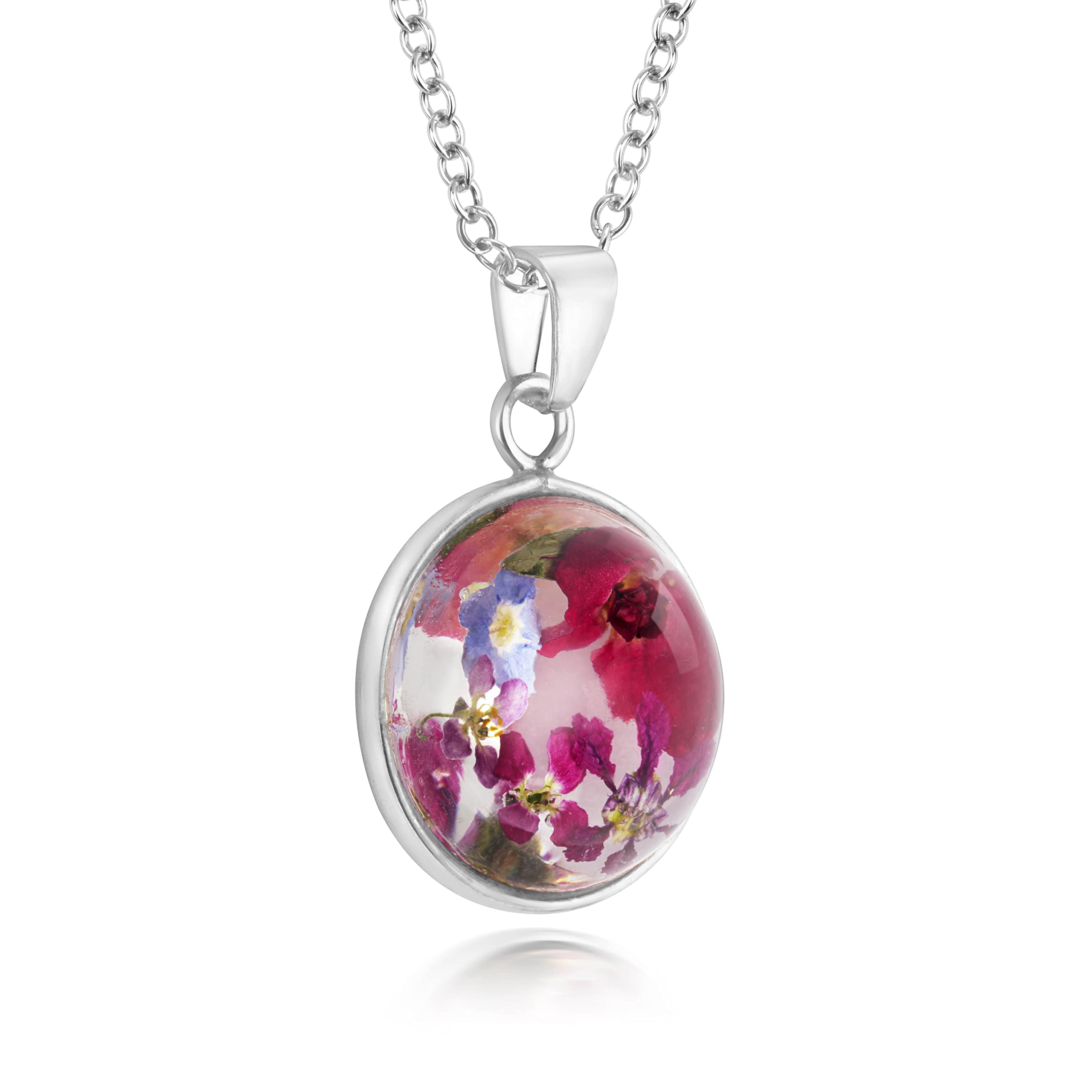 Natural Flower Jewellery Sterling Silver Round Domed Pendant Made With Real Mixed Flowers