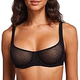 DOBREVA Women's Unlined Balconette Mesh Bra Square Neck Sheer See Through Underwire Bras Plus Size