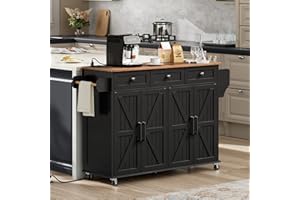 RALGEND Kitchen Island with Drop Leaf & Power Outlet, Rolling Kitchen Island Cart On Wheels, Barn Door Kitchen Island Table with Storage, Island Table for Kitchen, Black and Rustic Brown
