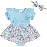 Karuedoo Newborn Baby Girl Easter Romper Dress Ruffle Short Sleeve Bunny Eggs Print Jumpsuit Bodysuit with Headband