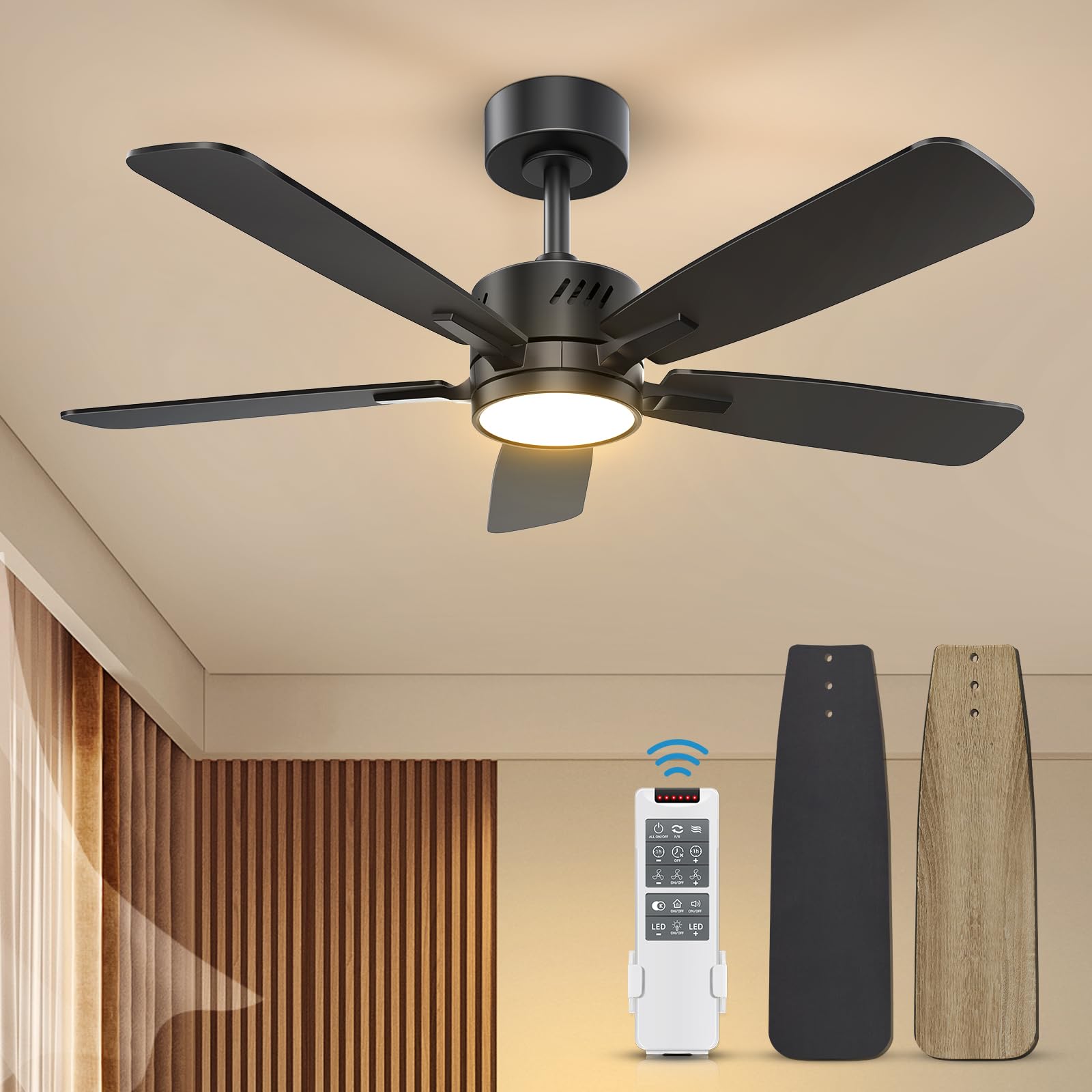VOLISUN Low Profile Ceiling Fan with Light, 44 inch