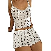 Women Sexy 2 Piece Pajama Set Cute Pj Sets Floral Print Lace Trim Cami Tank Top Shorts Teen Girls Sleepwear
