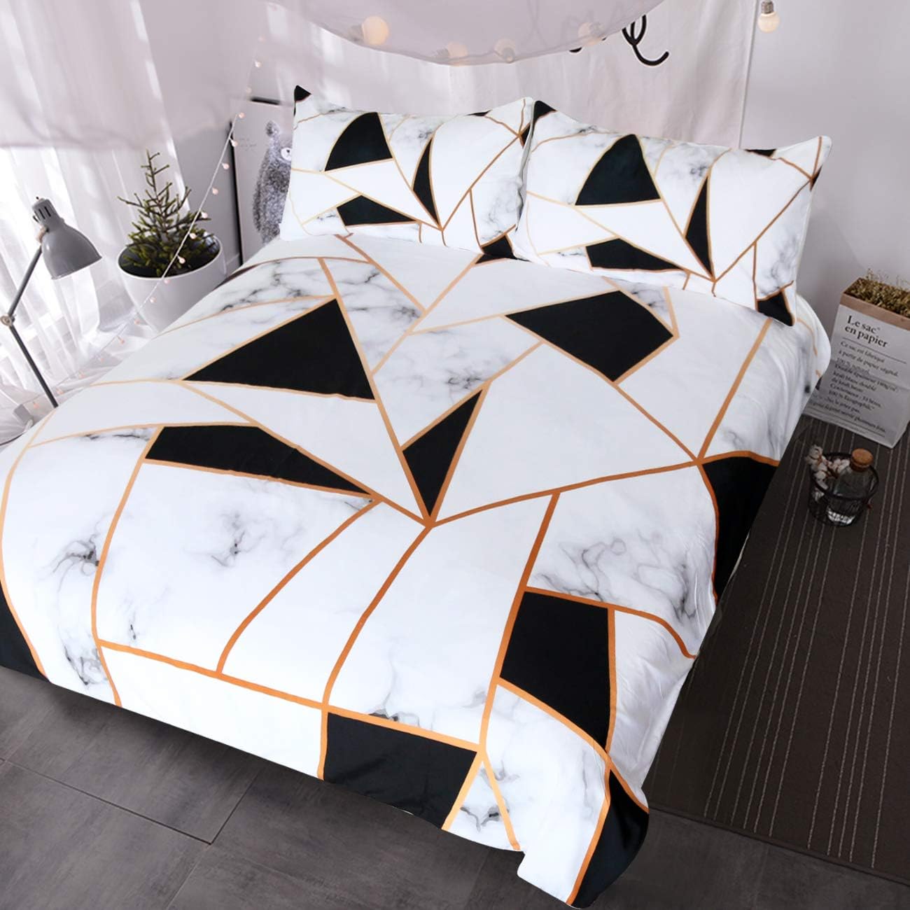 Amazon Com Blessliving Marble Print Bedding White And Black Geometric Marble Duvet Cover 3 Pieces Elegant Faux Rose Gold Bed Sets Queen Kitchen Dining