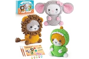 POP COCHE Crochet Kit for Beginners, Crochet Starter Kits, Amigurumi Craft Knitting Kit with Step-by-Step Video Tutorials, Cat, Dinosaur, Elephant, Lion (40%+ Yarn)