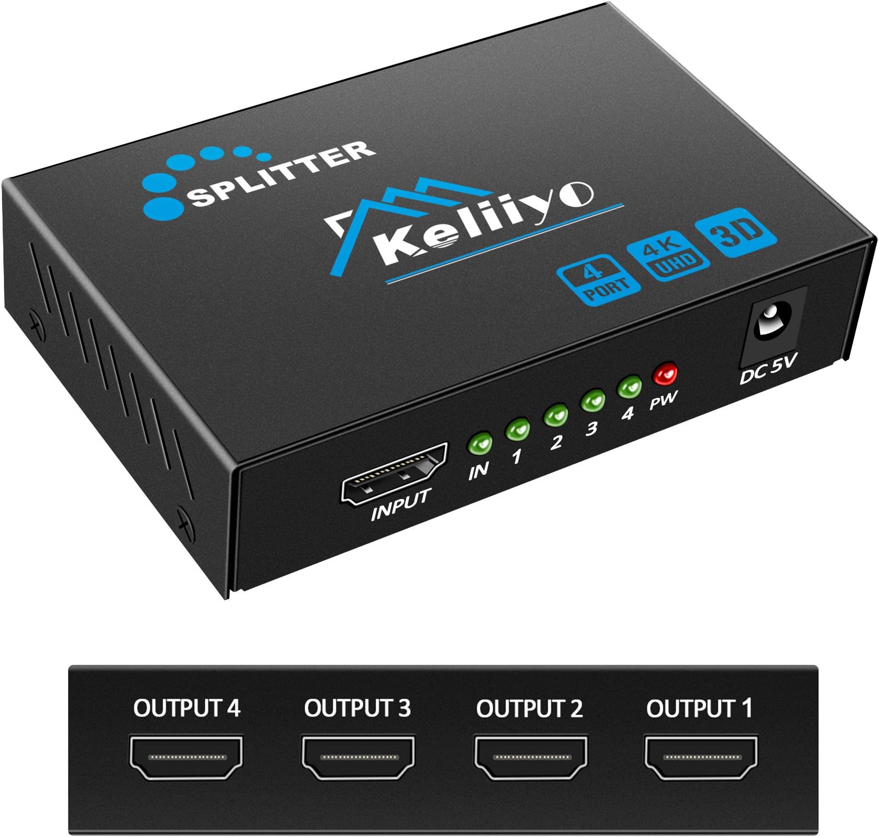 KELIIYO HDMI Splitter 1 In 4 Out - 4K Hdmi Splitter 1x4 Ports(Upgrade) Powered HDMI Splitter Supports 3D 4K@30HZ Full HD1080P for Xbox PS4 PS3 Fire Stick Roku Blu-Ray Player Apple TV(1 Input 4 Output)