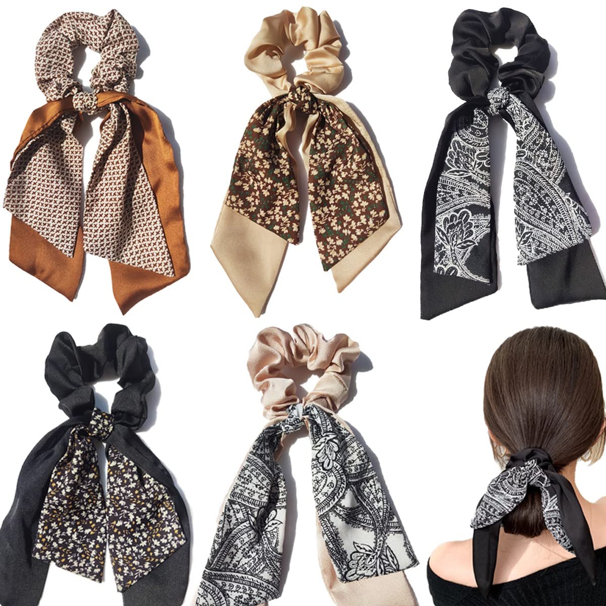 5 Pcs Hair Scarf Scrunchies,Hair Scrunchies with Ribbon Bow,Satin Floral Silk Ponytail Hair Tie for Women and Girls
