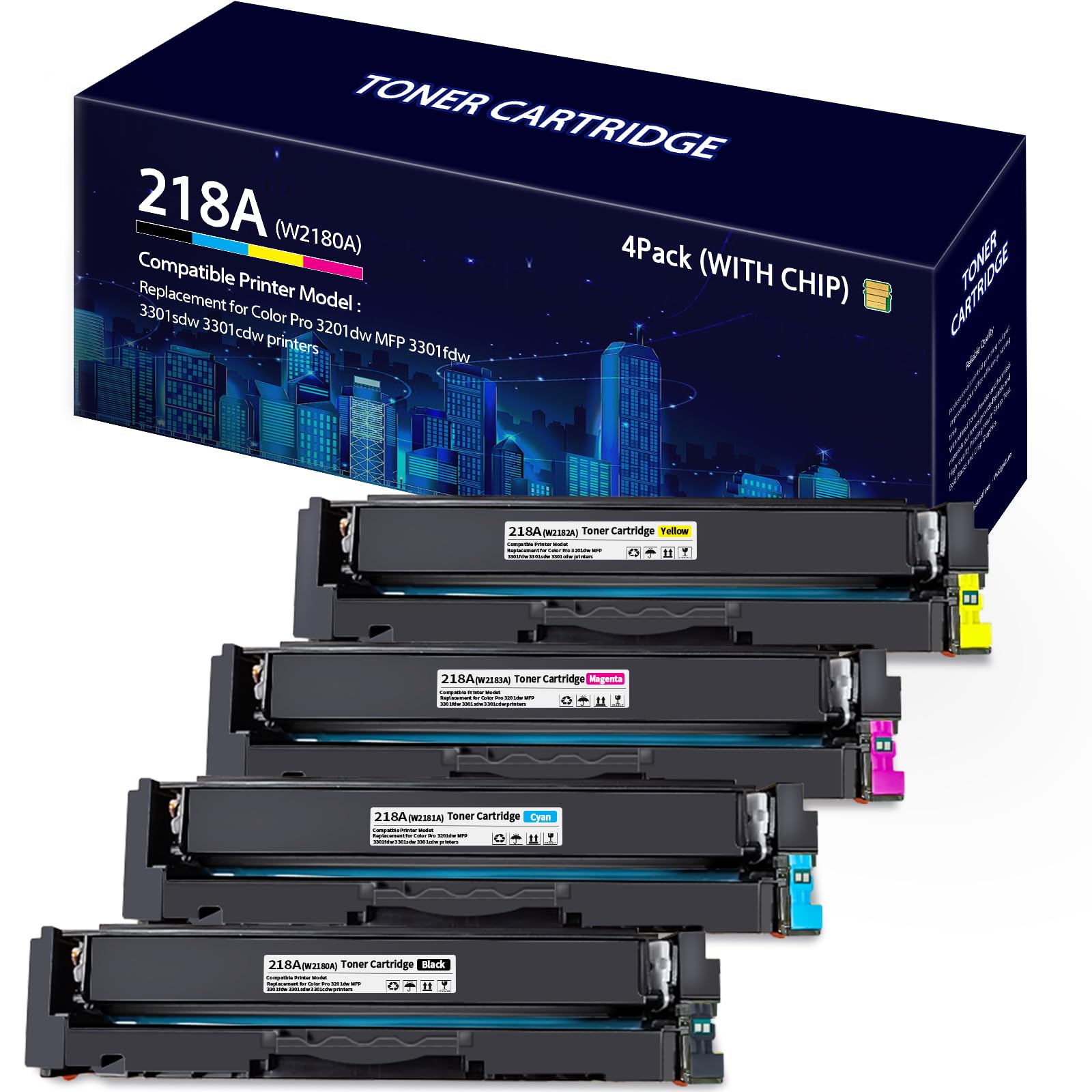 Photo 1 of ?With Chip?4PACK 218A W2180A Super High-Yield Toner Cartridge Replacement for 218A W2180A Toner Cartridge Compatible with Color Pro MFP 3301fdw 3201dw 3301sdw 3301cdw 3201 3301 Series Printer (W2180A)
