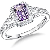 RANDES 925 Sterling Silver Emerald Cut Engagement Ring Created Gemstome Cubic Zirconia Wedding Promise Ring Split Shank Halo Birthstone Rings for Women Size 6-10