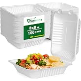 100 Pack 8x8 Compostable Clamshell To Go Food Containers Disposable | Eco-friendly SugarCane Fibers, Heavy-Duty, Microwavable For Salads, Sandwiches, Sesserts, Camping, Picnics, Party, Wedding