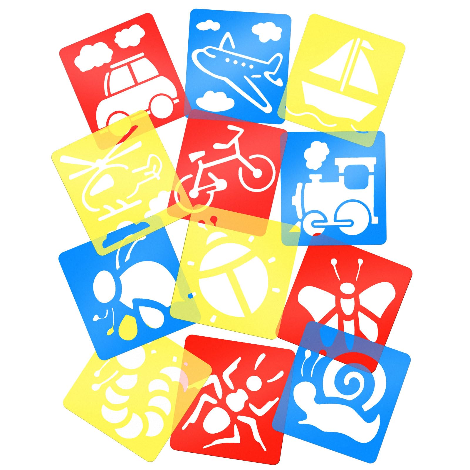 MWOOT 12 Pieces Shapes Stencils Template Set for Kids Children Drawing Craft,Washable Plastic Painting Template with Transport Tool Animals for Painting Learning