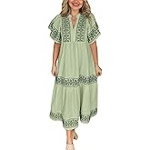 chouyatou Women's Summer Printed Floral Dress Casual Notch Neck Cotton Midi Long Mexican Tunic Dress