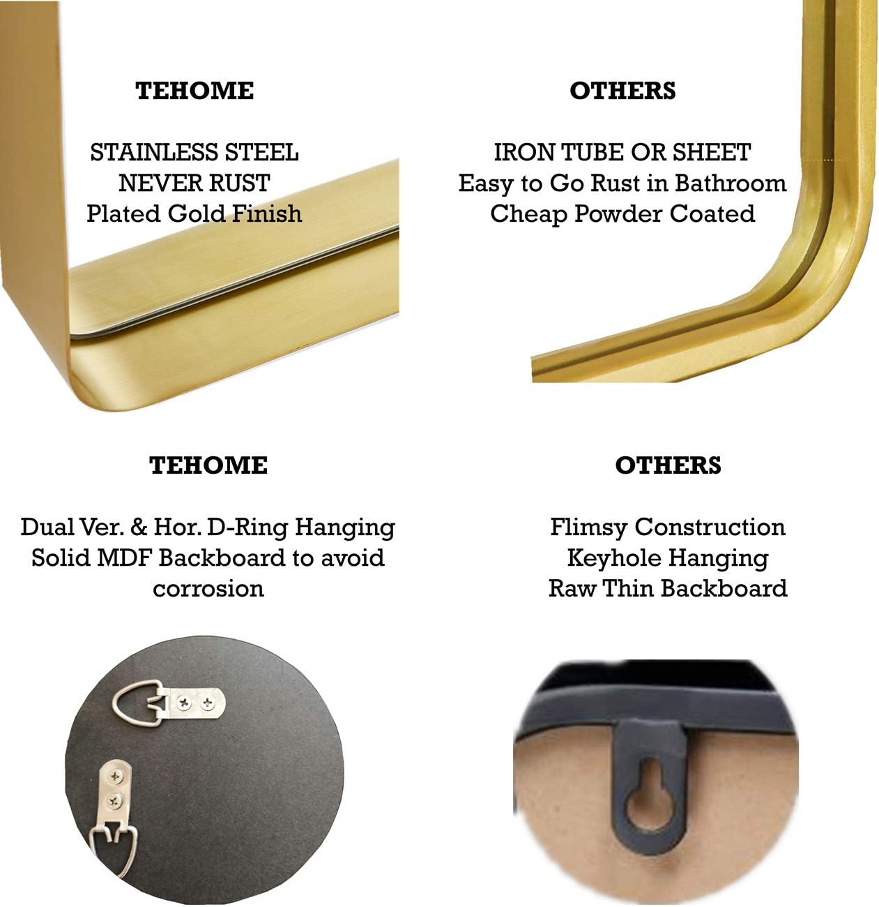TEHOME 20x30 Brushed Gold Metal Framed Bathroom Mirror for Wall in Stainless Steel Rounded Rectangular Bathroom Vanity Mirrors Wall Mounted: Furniture & Decor