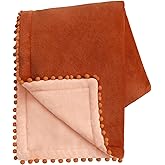 MONDAY MOOSE Cozy Fleece Throw Blanket with Pom Pom Fringe, Super Soft Lightweight Blanket, Double-Sided Designs, for Couch Bed Sofa Home Decor (50x60 inch, Burnt Orange/Light Orange)