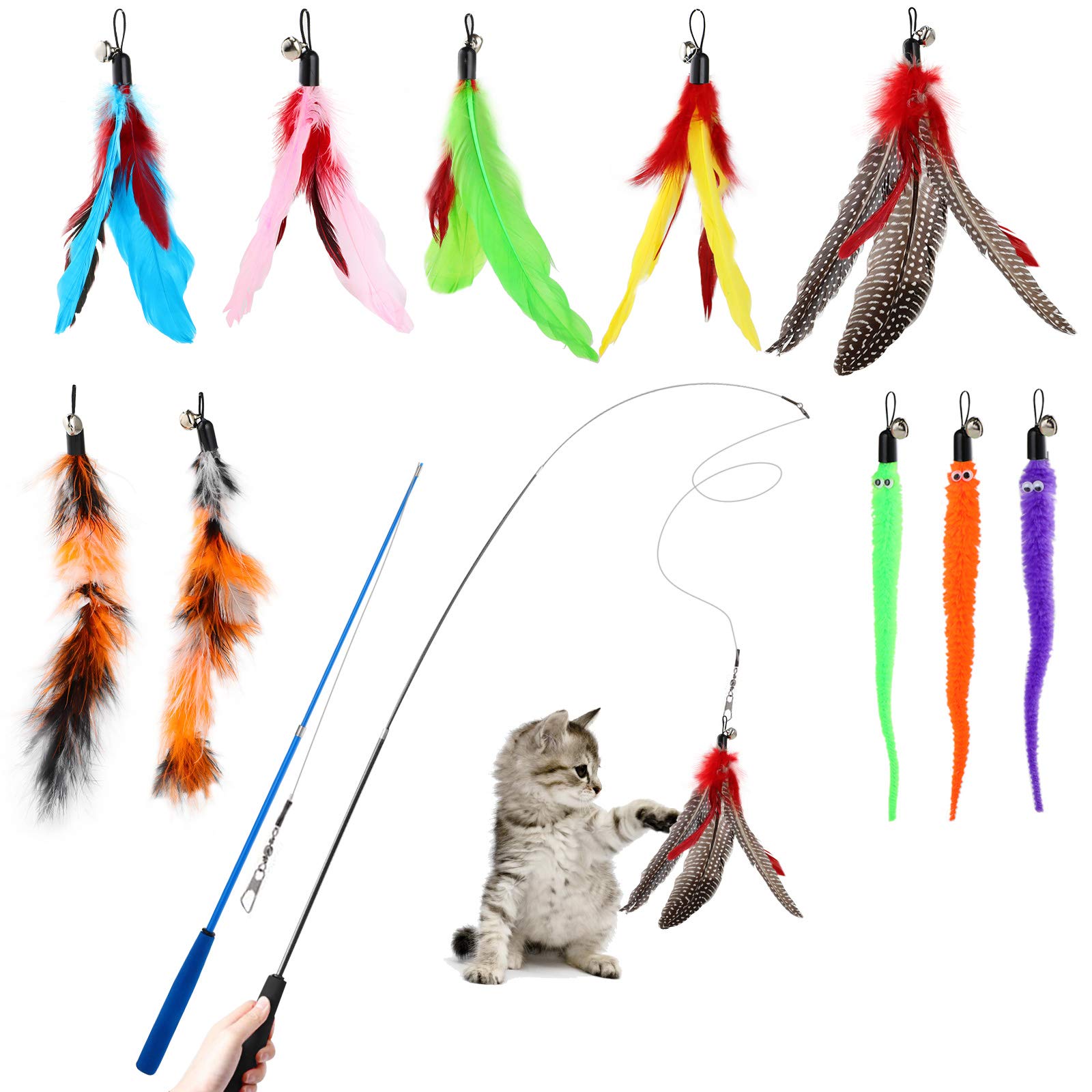 Hianjoo Cat Feather Teaser Set 12 pcs, Interactive Toys for Cats 2 Retractable Cat Wand Funny Sticks and 10 Replacement Feather Toys with Bell for Kitten Catcher Having Fun Exercise Playing