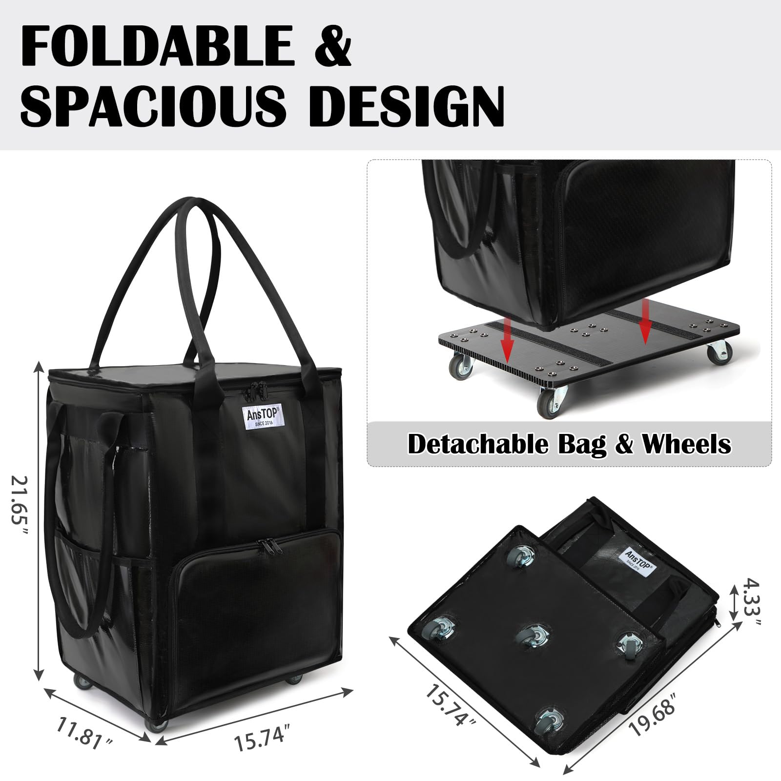 AnsTOP Reusable Grocery Bag on Wheels, 66LBS Foldable Shopping Cart with 5 Smooth Caster Wheels Zippered Top, Rolling Tote with Multiple Pockets for Groceries, Laundry, Travel, Camping,Medium,Black