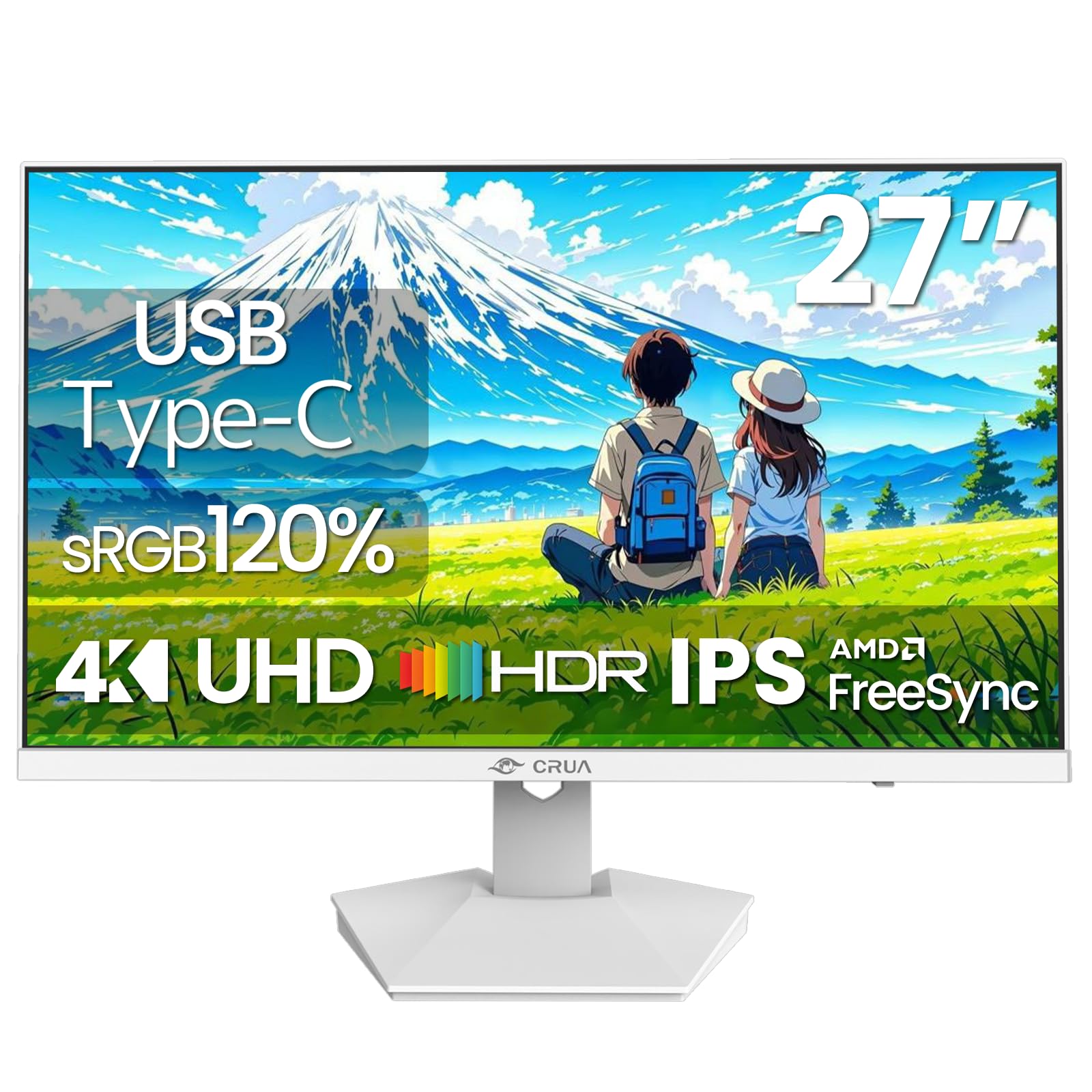 【USB Type-C付き】CRUA 27インチ 4K モニター UHD 3840×2160 ゲーミングモニター IPSパネル 60Hz ディスプレイ sRGB120% / AMD Freesync対応 / HDMI2.0 & DP1.2/ HDR/ブルーライト軽減/傾斜調整 /178度広い視野角/ 壁掛け対応商品画像