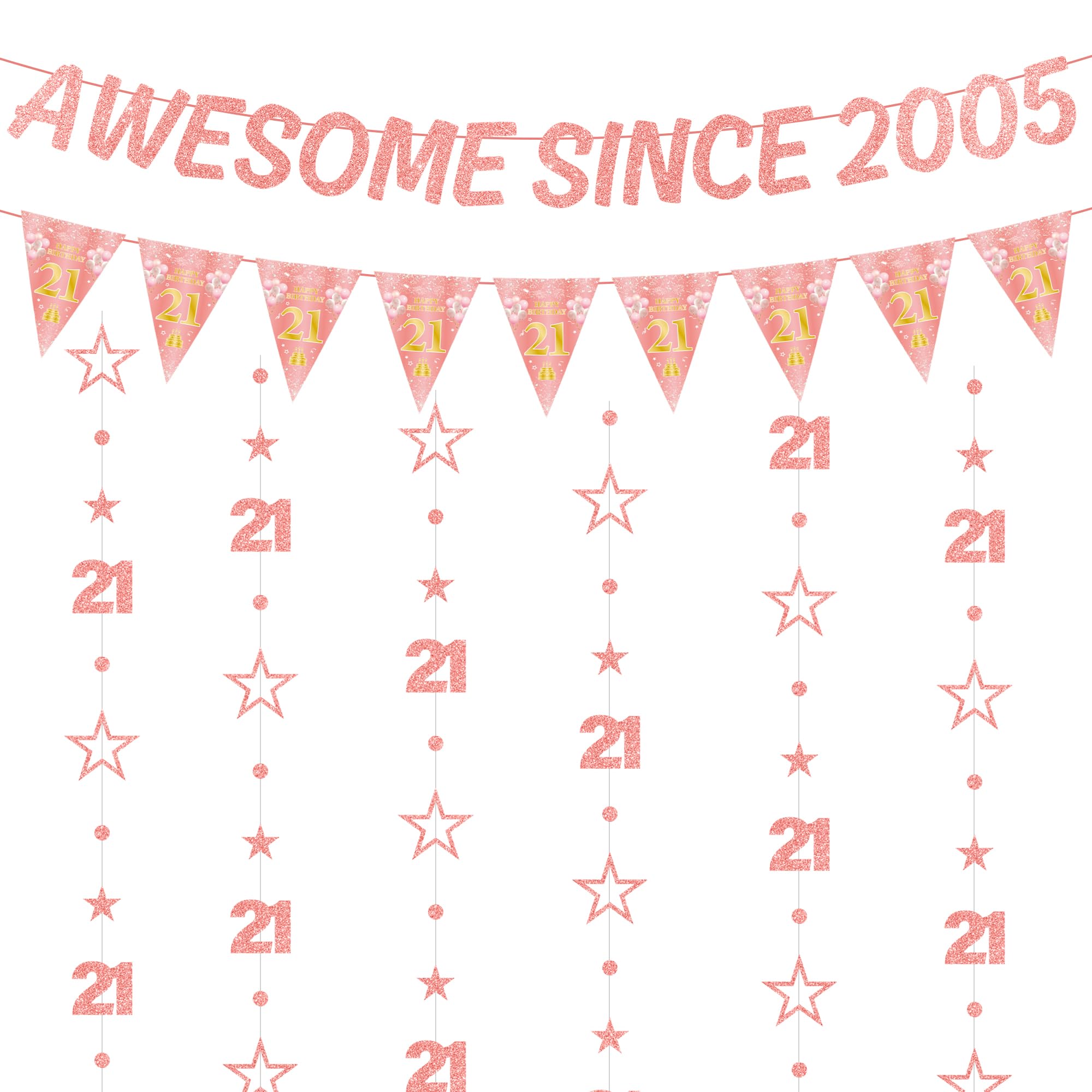 21st Birthday Decorations Banners Girls- 8 Pcs Rose Gold Awesome Since 2005 Banner, Triangle Flag and Hanging Garland With Sparkling Stars and 21 Number for 21st Party Supplies