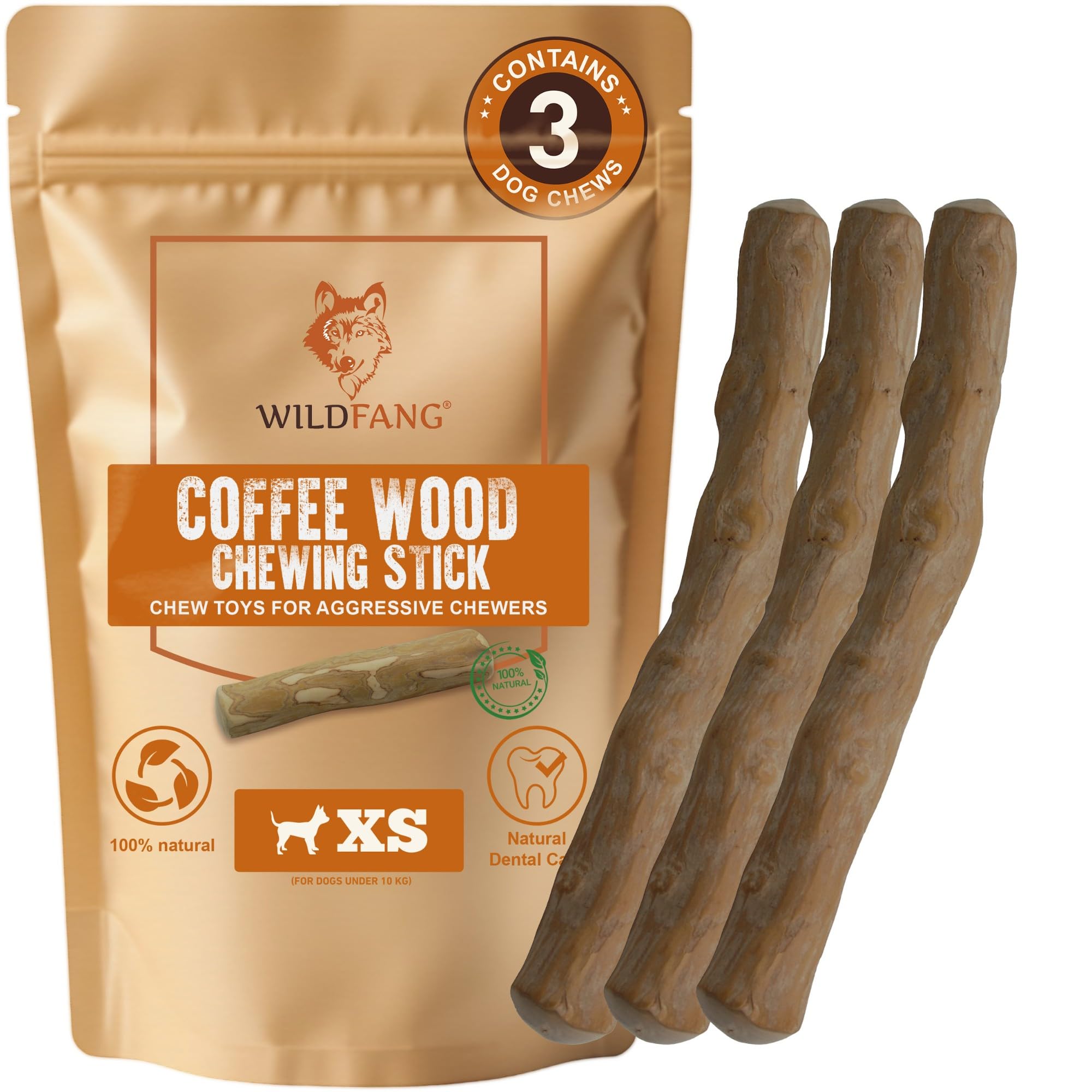 Wildfang® Coffee Wood Dog Chew XS - Durable Dog Toys for Aggressive Chewers, Dental Stick for Teething Puppy, Training for Chewing Muscles, Coffee Tree Sticks for X-Small Dogs (Under 10kg), Pack of 3