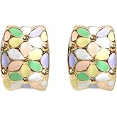 Navachi 18k Gold Plated Square Rainbow Colorful Enamel Leaves Flower Omega Back Earrings