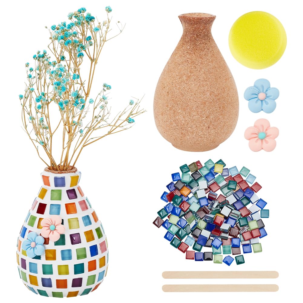 WEBEEDY DIY Mosaic Vase Glass Kit Mosaic Material Adults Art Crafts Mixed Colors Glass Mosaic Tiles with Wood Vase Mosaic Supplies for Flowers Handmade Art Home Decor Gifts, 3x4.7 inch