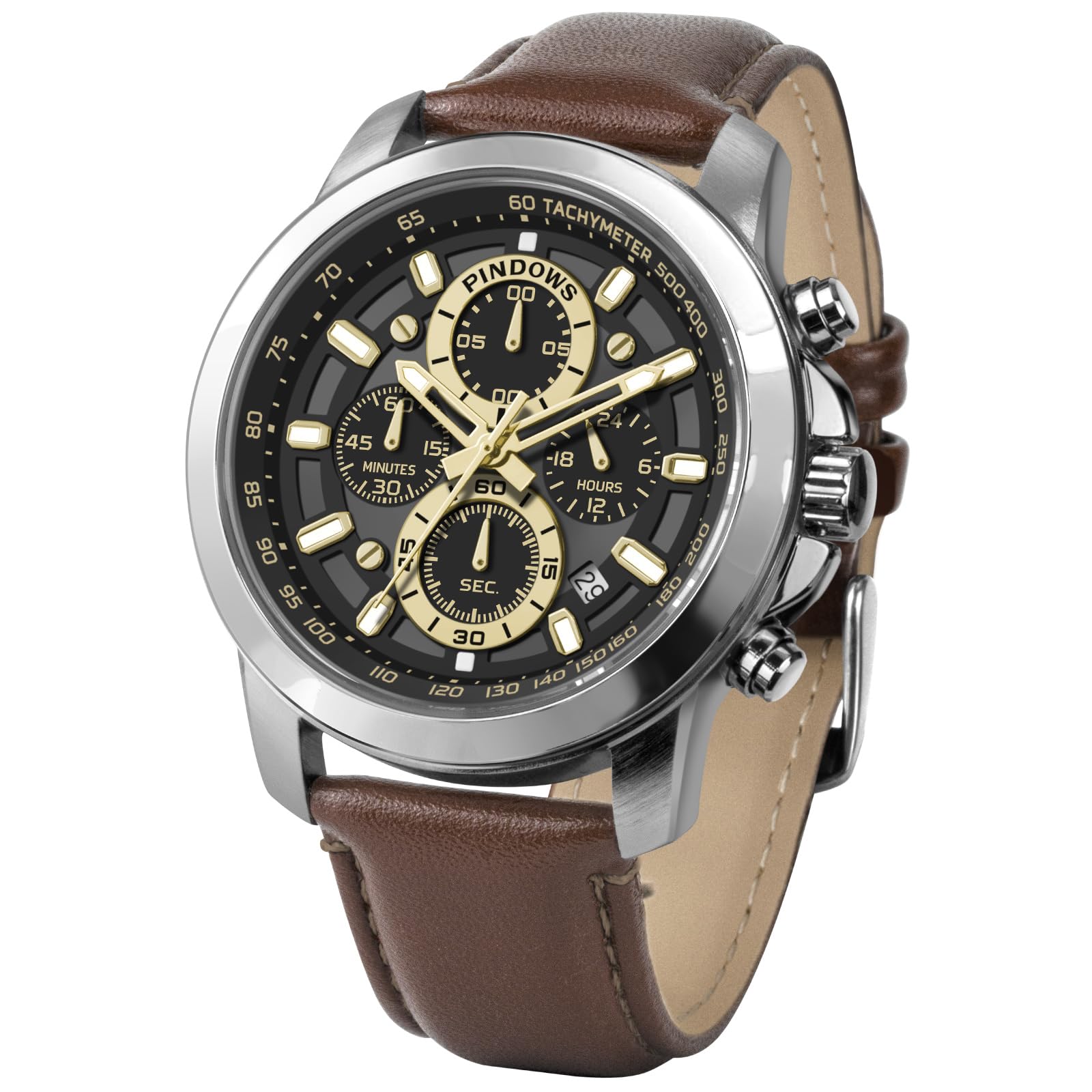 Photo 1 of PINDOWS Men's Analog Quartz Chronograph Watches Waterproof Business Casual Dress Watch with Black Brown Leather Strap (648N3: Brown/Silver)