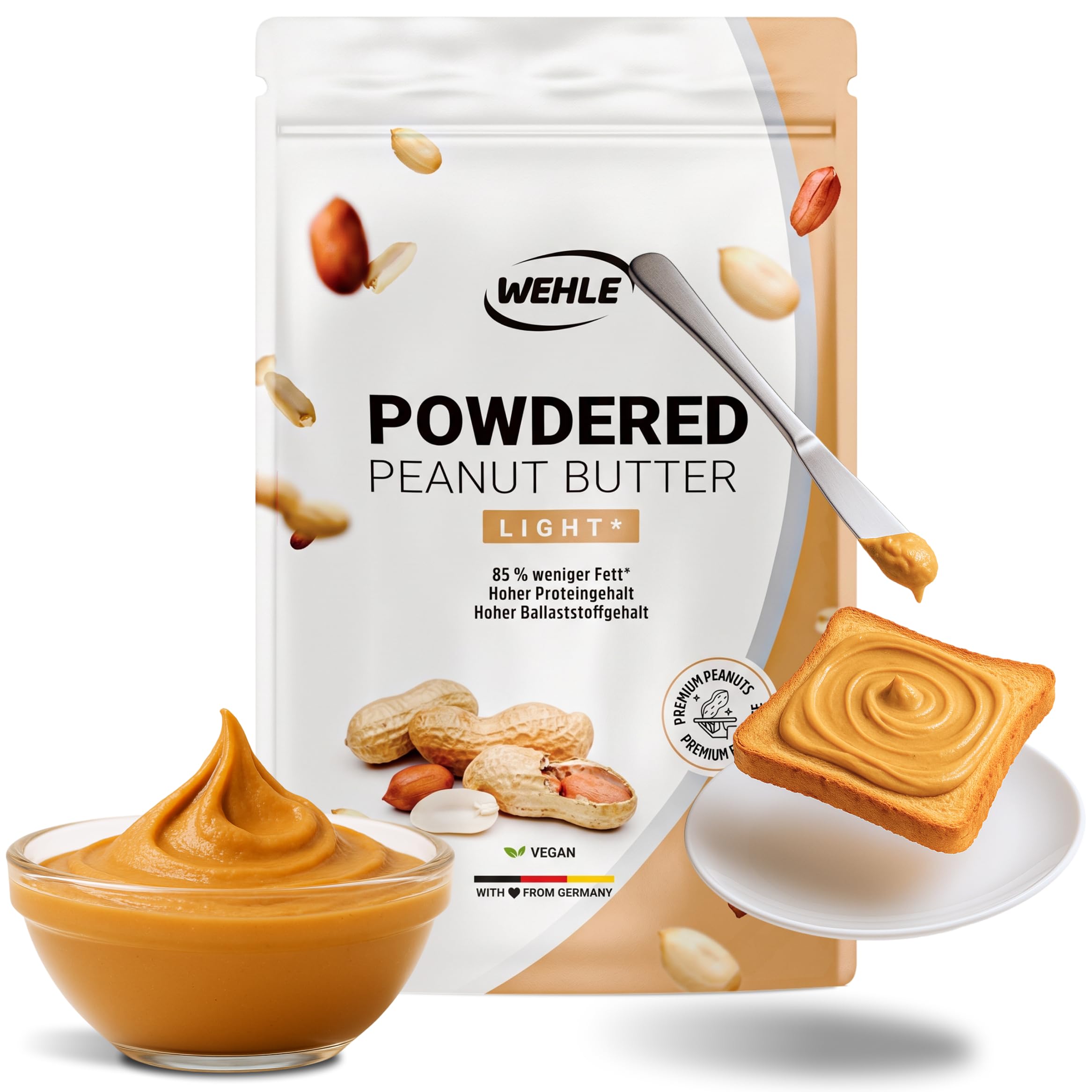 Erdnussbutter light Pulver 500g - Powdered Peanut Butter 85% weniger Fett, ohne Zucker I Peanut Creme mit leckerem Geschmack, Wehle Sports - Verpackung kann variieren 4