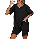 WIHOLL 2 Piece Lounge Sets for Women Summer Oversized Tshirts Biker Shorts Casual Airport Vacation Outfits