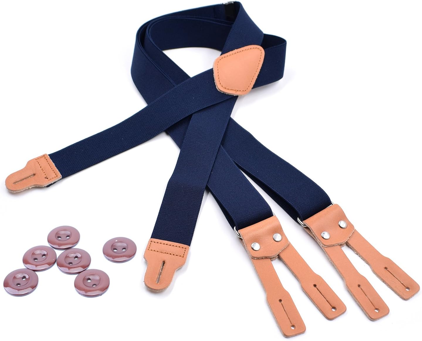 RIONA Men's Classic High Elasticity Adjustable Braces X-Back Suspenders with Leather Button End and Strap & Heavy Duty