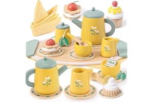 Toyssa Wooden Tea Party Set for Little Girls Toys Toddler Pretend Food with Tea Tray & Play Kitchen Accessories, Wooden Toys for Toddlers 3 4 5 6 Years Old, Birthday Kids Girls Gifts 3-6