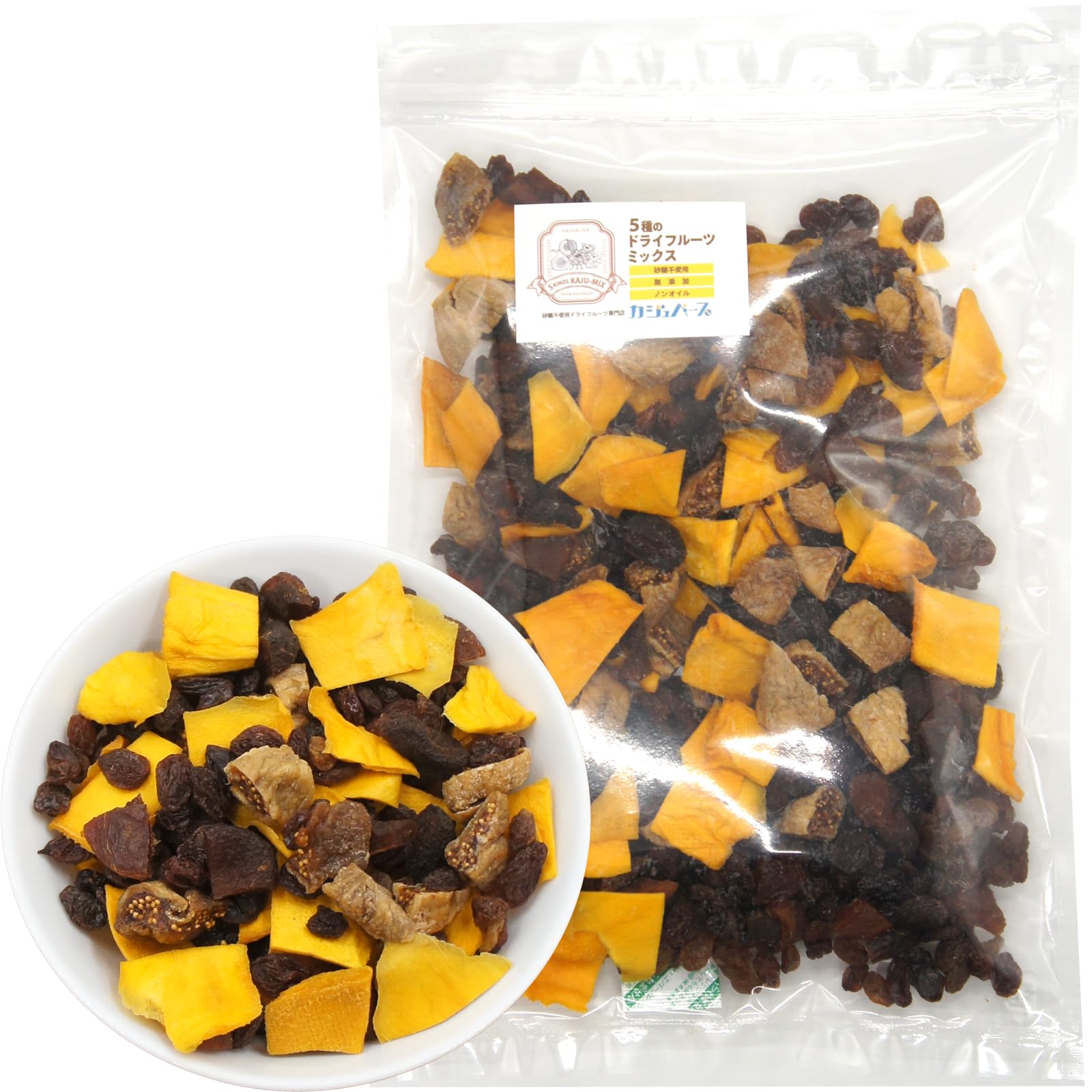 カジュベース 無添加 砂糖不使用 ドライフルーツ ミックス 500g 5種 (マンゴー いちじく アプリコット サルタナレーズン トンプソンレーズン) ジップ付き袋 ノンオイル の商品画像