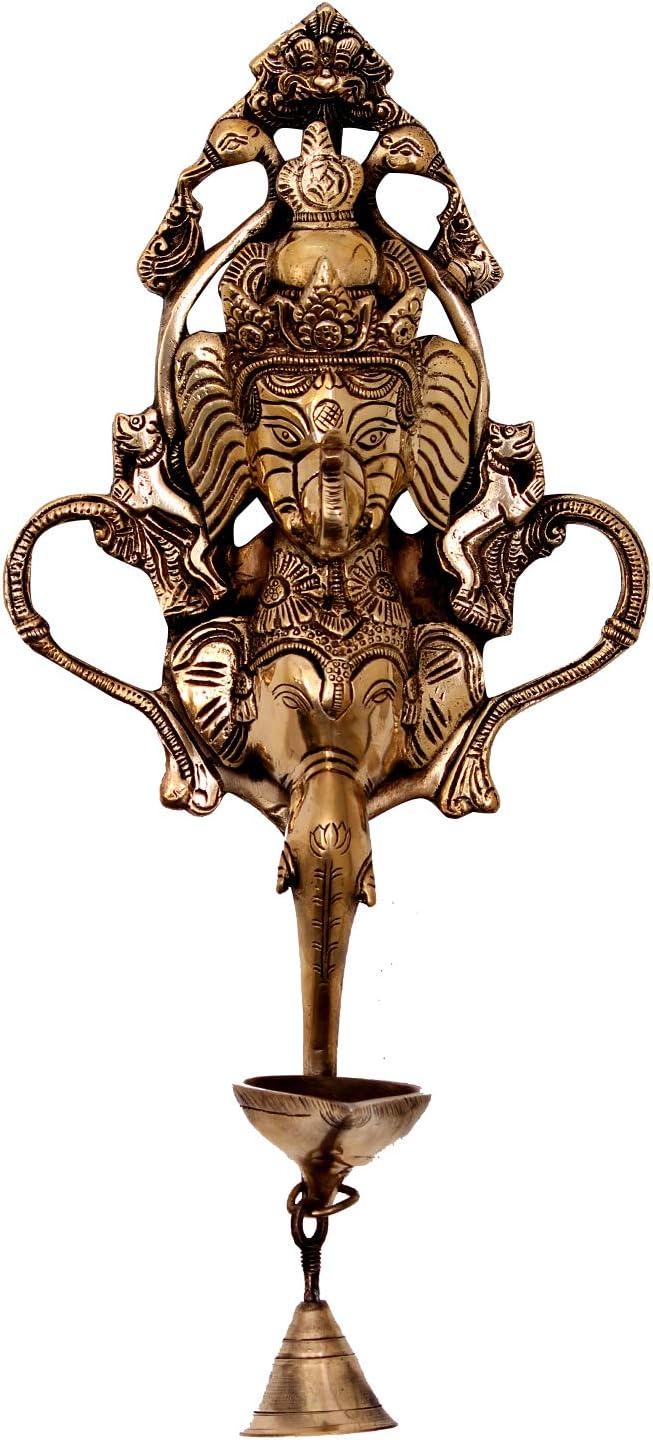 Vishisht Home Decorative Brass Wall Hanging Dwimukh 2 Faces of Lord Ganesha with Single Diya, 18 x 11 x 40 cm, Gold