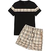 GORGLITTER Men's Plaid Print Casual Short Sleeve T Shirts and Shorts Tracksuit Set