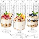 Prasacco 100 Pieces Dessert Cups and Spoons, 50 Pcs 5 oz Mini Plastic Parfait Cup and 50 Pcs Plastic Spoon Round Goblet Cup Clear Dessert Cups for Party Appetizers, Mousse, Ice Cream, Pudding, Fruit
