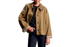 ELLEVEN Womens Crop Trench Coat, Plaid Lining Single Breasted Fall Jackets with Pockets Fashion Outerwear