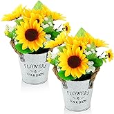 Solsew 2 Pcs Summer Farmhouse Sunflowers Centerpiece Decoration Artificial Sunflowers in Metal Pot Rustic Silk Floral Arrangement 10'' Tall for Spring Table Centerpiece Home Wedding Decor