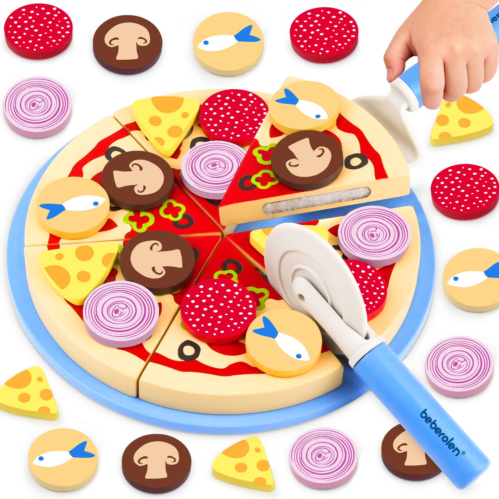 Beberolen Wooden Pizza Play Food Sets, Toy Food for Children Kitchen, Toy Kitchen Accessories for Toddlers, Pretend Role Play Toy Picnic Set, Pizza Cutting Cooking Toy for Kids Boys Girls