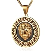 AsAlways 18K Gold Plated Lion Head Necklace for Men Stainless Steel Hip Hop Lion King Round Medal Necklace Jewelry Gift