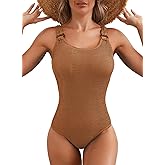 Herseas Women's One Piece Swimsuit Solid Ribbed Padded O Ring Wide Straps Scoop Neck Summer Tummy Control Bathing Suit