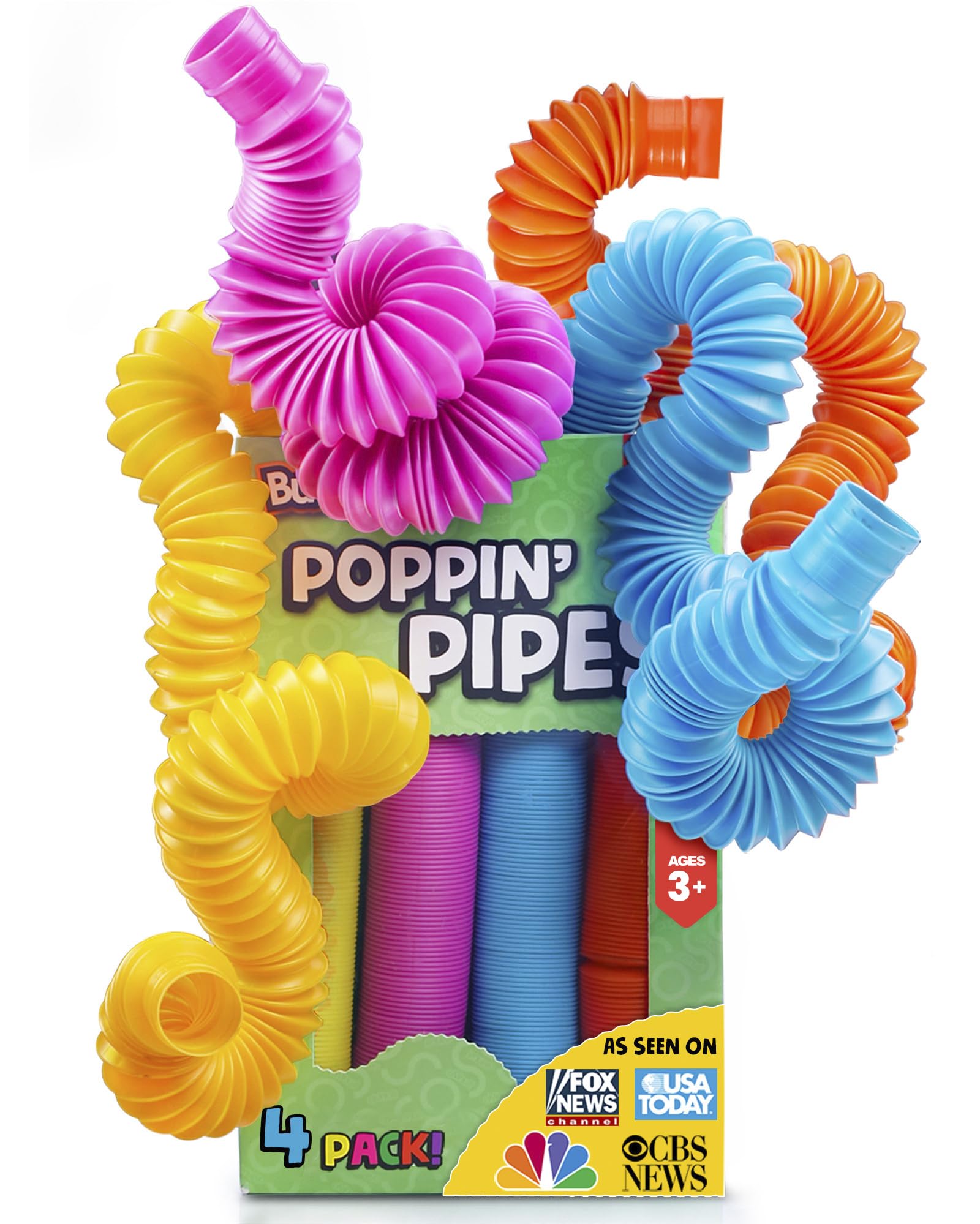 BUNMO Pop Tubes – Large 4-Pack Sensory & Fidget Tubes for Kids 3+ | Stretch, Connect & Pop | Creative STEM Play & Fine-Motor Practice | Vibrant Colors | Non-Mouthable Toy
