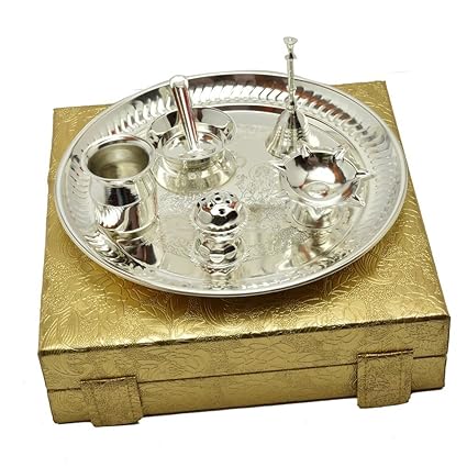 JAIPUR ACE Metal Pooja Thali, 2 Bowl, 1 Agarbatti Stand, 1 Diya, 1 Spoon, Bell (Silver_9.2 Inch X 9.2 Inch X 2.4 Inch)