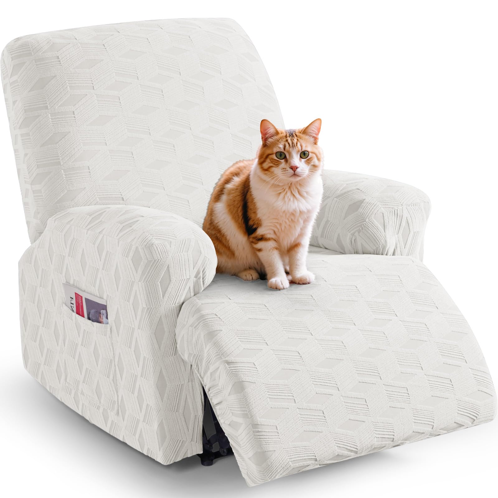 Photo 1 of TAOCOCO Recliner Cover 3 Pieces Recliner Chair Covers, Stretch Jacquard Reclining Chair Cover, Furniture Protector Sofa Slipcovers Couch Covers with Elastic Bottom for Kids, Pets (Cream White)