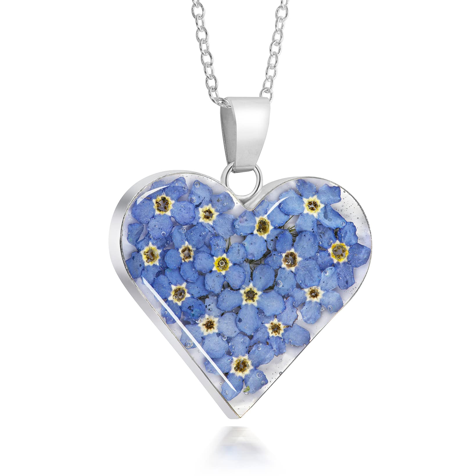 Natural Flower Jewellery Sterling Silver Large Heart Pendant Made with Real Forget Me Nots …